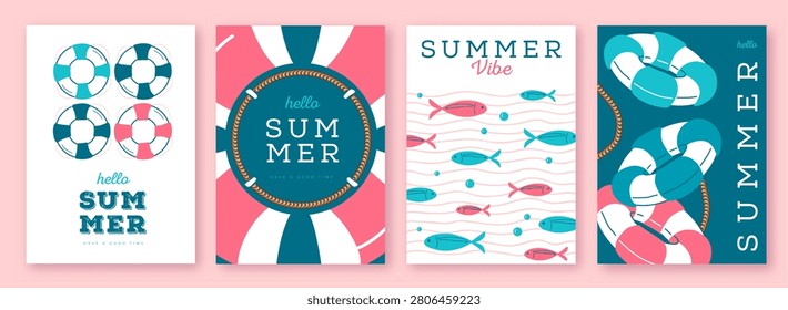 Set of summer striped sea vacation posters or covers with inflatable swim rings. Summer vibe backgrounds. Vector illustration
