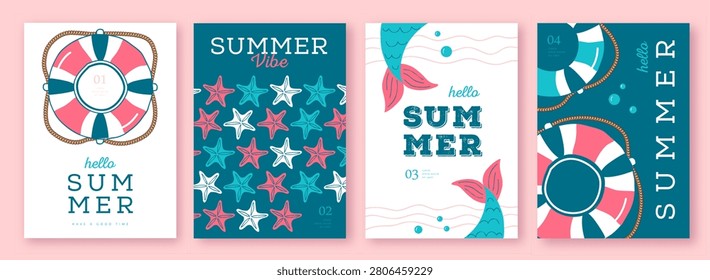 Set of summer striped sea vacation posters or covers with inflatable swim rings. Summer vibe backgrounds. Vector illustration