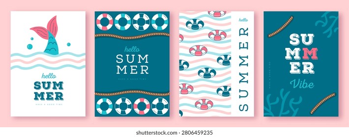 Set of summer striped sea vacation posters or covers with inflatable swim rings. Summer vibe backgrounds. Vector illustration