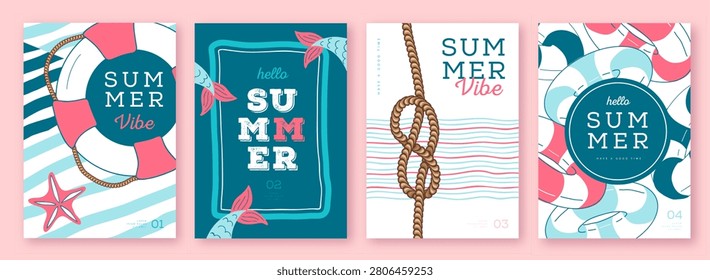 Set of summer striped sea vacation posters or covers with inflatable swim rings. Summer vibe backgrounds. Vector illustration