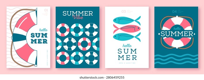 Set of summer striped sea vacation posters or covers with inflatable swim rings. Summer vibe backgrounds. Vector illustration