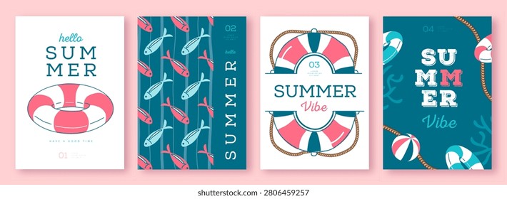 Set of summer striped sea vacation posters or covers with inflatable swim rings. Summer vibe backgrounds. Vector illustration
