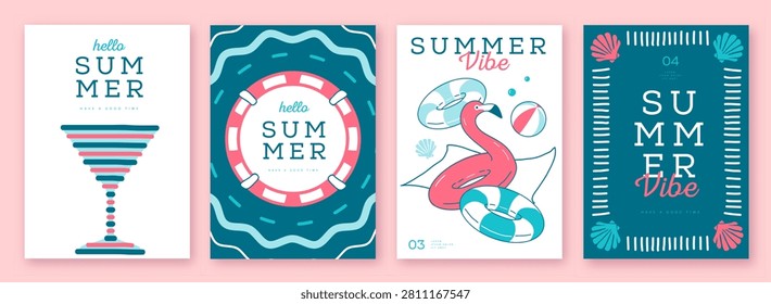 Set of summer striped sea vacation posters or covers. Flat design.  Mediterranean-themed summer vibe backgrounds. Vector illustration