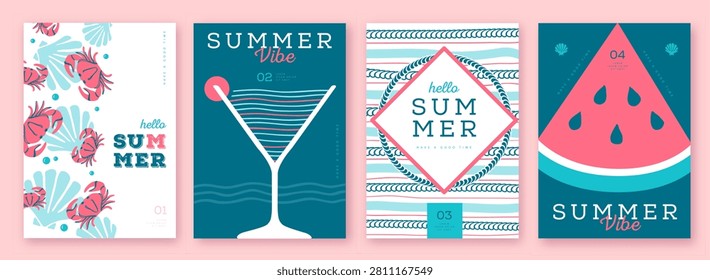 Set of summer striped sea vacation posters or covers. Flat design.  Mediterranean-themed summer vibe backgrounds. Vector illustration