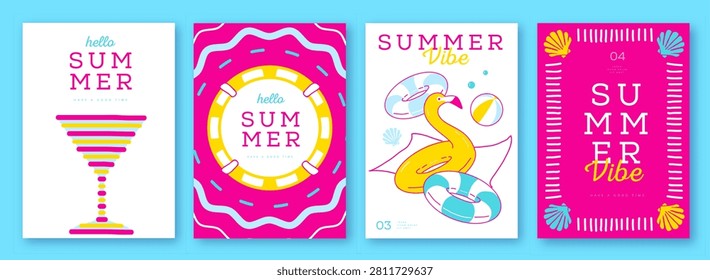 Set of summer striped sea vacation posters or covers. Flat design.  Mediterranean-themed summer vibe backgrounds. Vector illustration