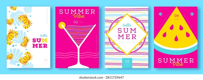 Set of summer striped sea vacation posters or covers. Flat design.  Mediterranean-themed summer vibe backgrounds. Vector illustration
