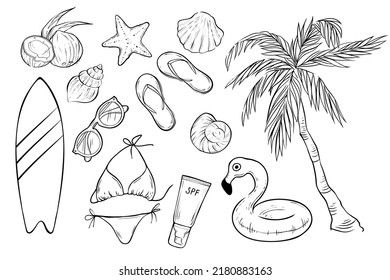 Set of summer stuff objects, vector illustration
