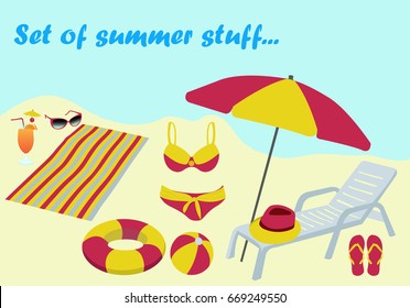 Set of summer stuff, summer vacation, on the beach