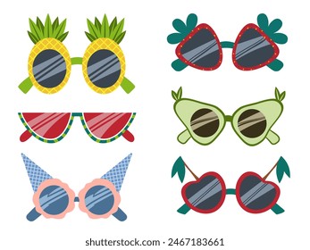 Set of summer style sunglasses. Colorful funny fruits sunglasses  for birthday party. Vector illustration on a white background. Pineapple, watermelon, strawberry, avocado, cherry shape eyeglasses.