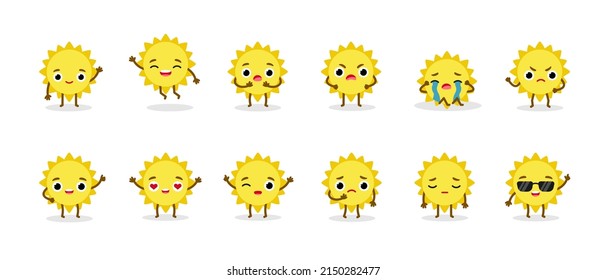 Set Summer Sun Emoji Characters. Mascots planet with faces and hands. Cartoon illustration