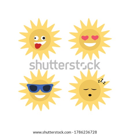 Set of summer sun with funny face. Vector illustration