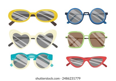 Set of summer sunglasses, different trendy eyewear, hipster beach goggles design isolated on white