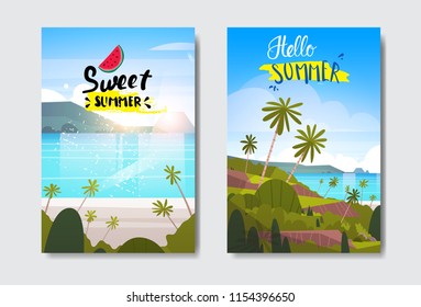 set summer sunrise landscape tropical beach badge Design Label Season Holidays lettering for logo Templates invitation greeting card prints and posters vector illustration