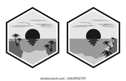 set of summer sunset at the beach with frame. vector illustration isolated on white background.