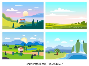 Set Summer sunset seaside landscapes. Sea ocean nature hills fields mountains blue sky clouds sun house farm countryside. Waterfall rocks trees and grass rural land. Flat cartoon trendy style vector