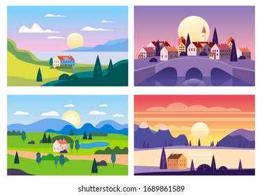 Set Summer sunset seaside landscapes. Cityscape stone bridge, Sea ocean nature hills fields mountains blue sky clouds sun house countryside. Trees and grass rural land. Flat cartoon trendy style