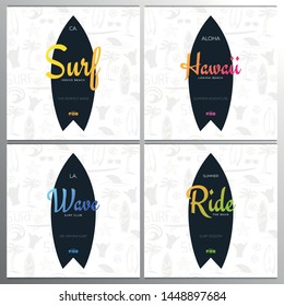 Set of Summer Surfing Posters for Surf Club or Shop with hand draw background and Surfboard