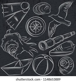 Set of  summer symbols,  boat, seashell, compass, telescope, seagull on blackboard  background, vector illustration.