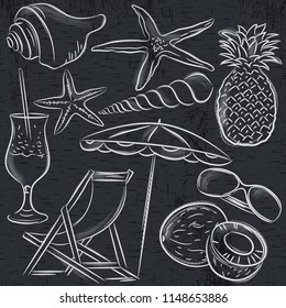 Set of  summer symbols, clams, shells, cocktail, starfish, umbrella, lounge, fruit on blackboard  background, vector illustration.