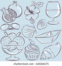 Set of  summer symbols, clams, shells, ice cream, sunglasses, pomegranate, flower  on a blue  grunge background, vector illustration.