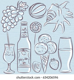 Set of  summer symbols, clams, shells, cocktail, fruits, beer, ice cream on a blue  grunge background, vector illustration.