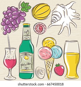 Set of  summer symbols, clams, shells, cocktail, fruits, beer, ice cream on a blue  grunge background, vector illustration.