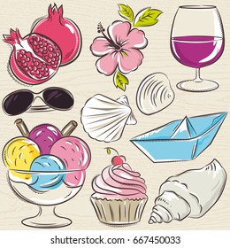 Set of  summer symbols, clams, shells, ice cream, sunglasses, pomegranate, flower  on a blue  grunge background, vector illustration.