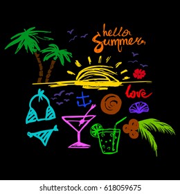 Set of summer symbols and symbols on a dark background vector