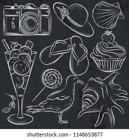 Set of  summer symbols,  seashell, seagull, camera, muffin, hat, ice cream, on blackboard  background, vector illustration.