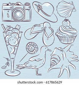 Set of  summer symbols,  seashell, seagull, camera, muffin, hat, ice cream, on a blue  grunge background, vector illustration.