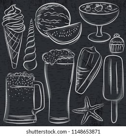 Set of  summer symbols, shells, beer, ice cream, watermelon on blackboard background, vector illustration.