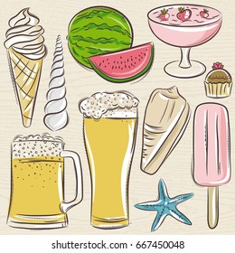 Set of  summer symbols, shells, beer, ice cream, watermelon on a blue  grunge background, vector illustration.