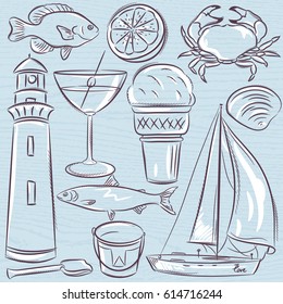Set of  summer symbols, shells, crab, boat, cocktail, lighthouse, ice cream, bucket, fish, fruit on a blue  grunge background, vector illustration.