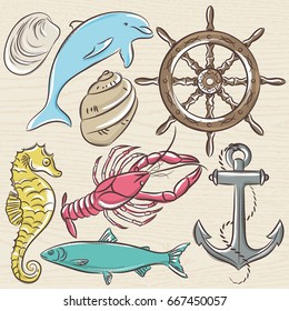 Set of  summer symbols, ship rudder,anchor, shells, lobster,dolphin on a blue  grunge background, vector illustration.