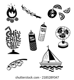 Set of summer symbols. Simple black and white doodle illustration, isolated.