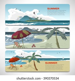 Set Of summer template banners gift cards. Branding design for travel agency. Vacation theme for gift card design. Summer beach with umbrellas, bed beach, island and yacht with place for text