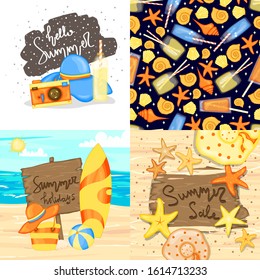 Set of summer template for text and pattern. Cartoon style. Vector illustration