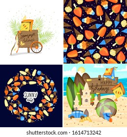 Set of summer template for text and pattern. Cartoon style. Vector illustration