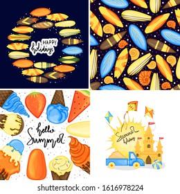 Set of summer template for text and pattern. Cartoon style. Vector illustration