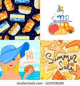 Set of summer template for text and pattern. Cartoon style. Vector illustration