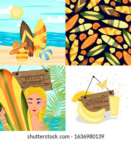 Set of summer template for text and pattern. Cartoon style. Vector illustration