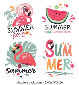 Set of summer templates with flamingos and lettering summer-vector illustrations isolated on a white background for banners, logos, stickers.