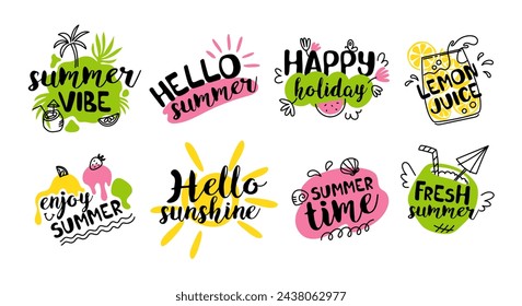 Set of summer text labels, logos, hand drawn tags and elements for summer holiday, travel, beach holiday, sea, sun. Vector flat illustration