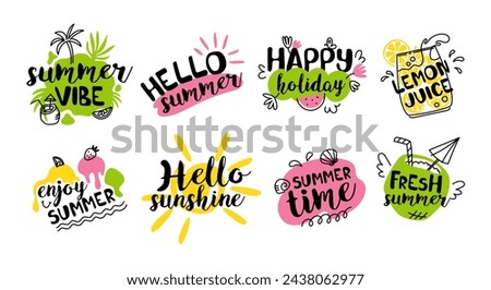 Set of summer text labels, logos, hand drawn tags and elements for summer holiday, travel, beach holiday, sea, sun. Vector flat illustration