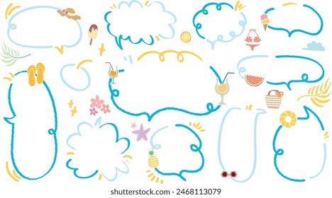 Set of summer theme speech bubble. Cute hand drawn memo sticker with crayon draw. Vector of doodle cartoon style empty blank for text. Chat balloon cloud. Beach Juice Sea Pineapple Sandals element