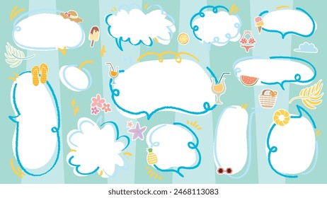 Set of summer theme speech bubble. Cute hand drawn memo sticker with crayon draw. Vector of doodle cartoon style empty blank for text. Chat balloon cloud. Beach Juice Sea Pineapple Sandals element