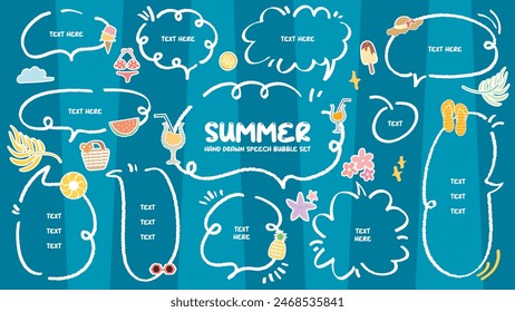 Satz von Sommer-Thema Sprechblase. Netter handgezeichneter Memo-Aufkleber mit Buntstiftzeichnung. Vektorgrafik des Doodle-Cartoon-Stils leer für Text. Chat Ballon Wolke. Strandsaft Meer, Schwimmen, Sonne, Eiscreme Element