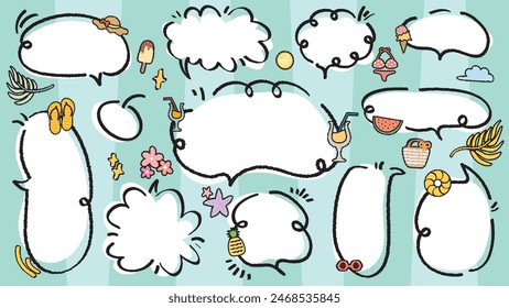 Set of summer theme speech bubble. Cute hand drawn memo sticker with crayon draw. Vector of doodle cartoon style empty blank for text. Chat balloon cloud. Beach Juice Sea Pineapple Sandals element