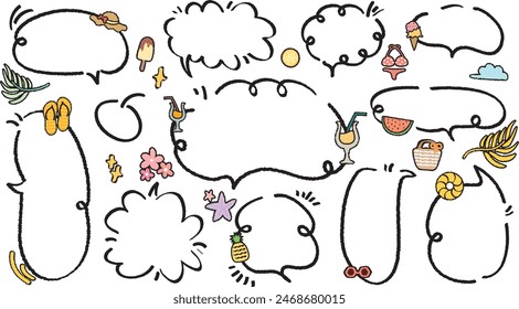 Set of summer theme speech bubble. Cute hand drawn memo sticker with crayon draw. Vector of doodle cartoon style empty blank for text. Chat balloon cloud. Beach Juice Sea Pineapple Sandals element