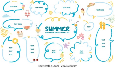 Conjunto de burbuja de discurso de tema de verano. Lindo memo dibujado a mano etiqueta engomada con dibujo de crayón. Vector de doodle estilo de dibujos animados vacío en blanco para el texto. Nube de globos de chat. Playa Jugo Mar, Nadar, Sol, Elemento de helado